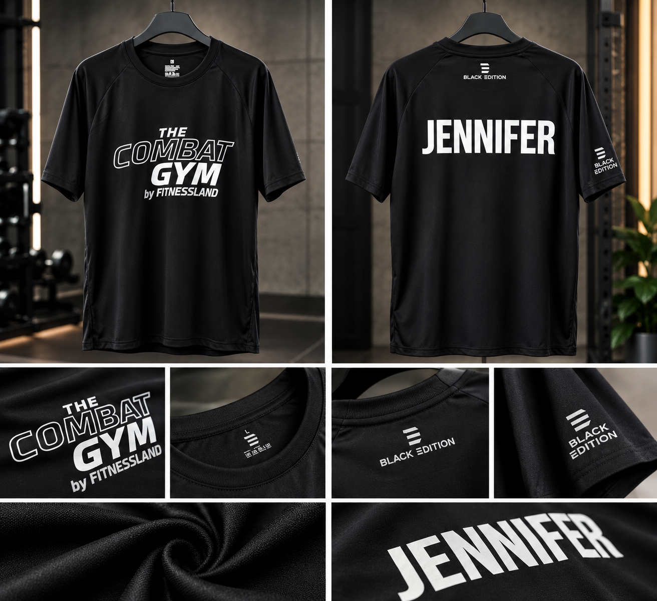 Schwarzes Sportshirt mit Brustlogo, Namensdruck auf dem Rücken und Ärmeldruck – Vorderseite, Rückseite und Detailansichten