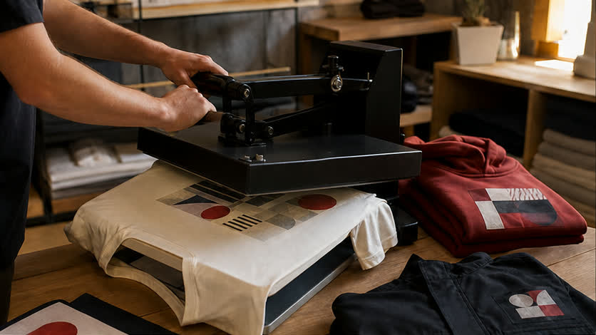 Textildruck an einer professionellen Transferpresse